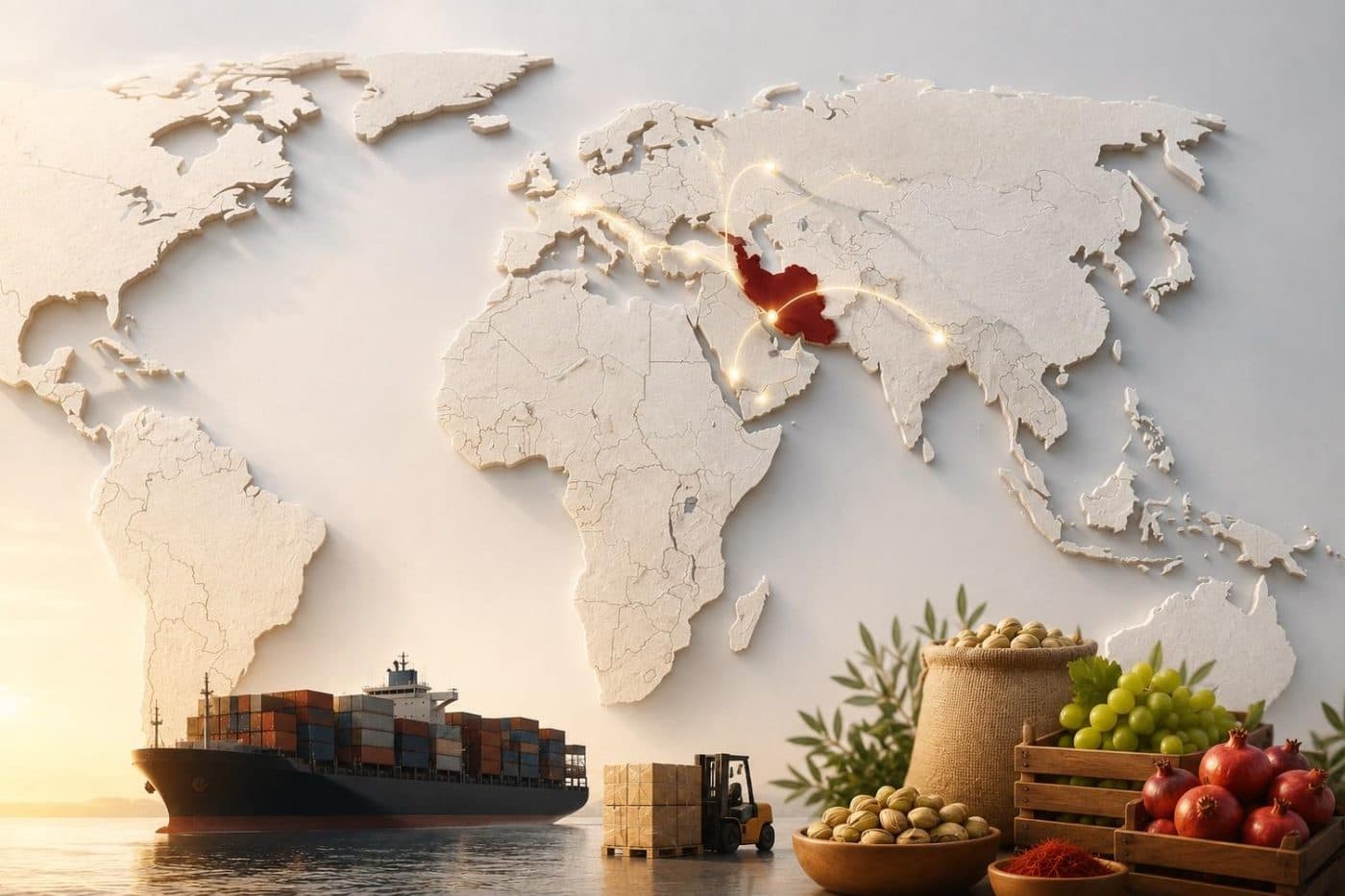 A world map crafted from paper and wood, with Iran highlighted in red at the center, surrounded by a cargo ship, produce crates, and dried fruits