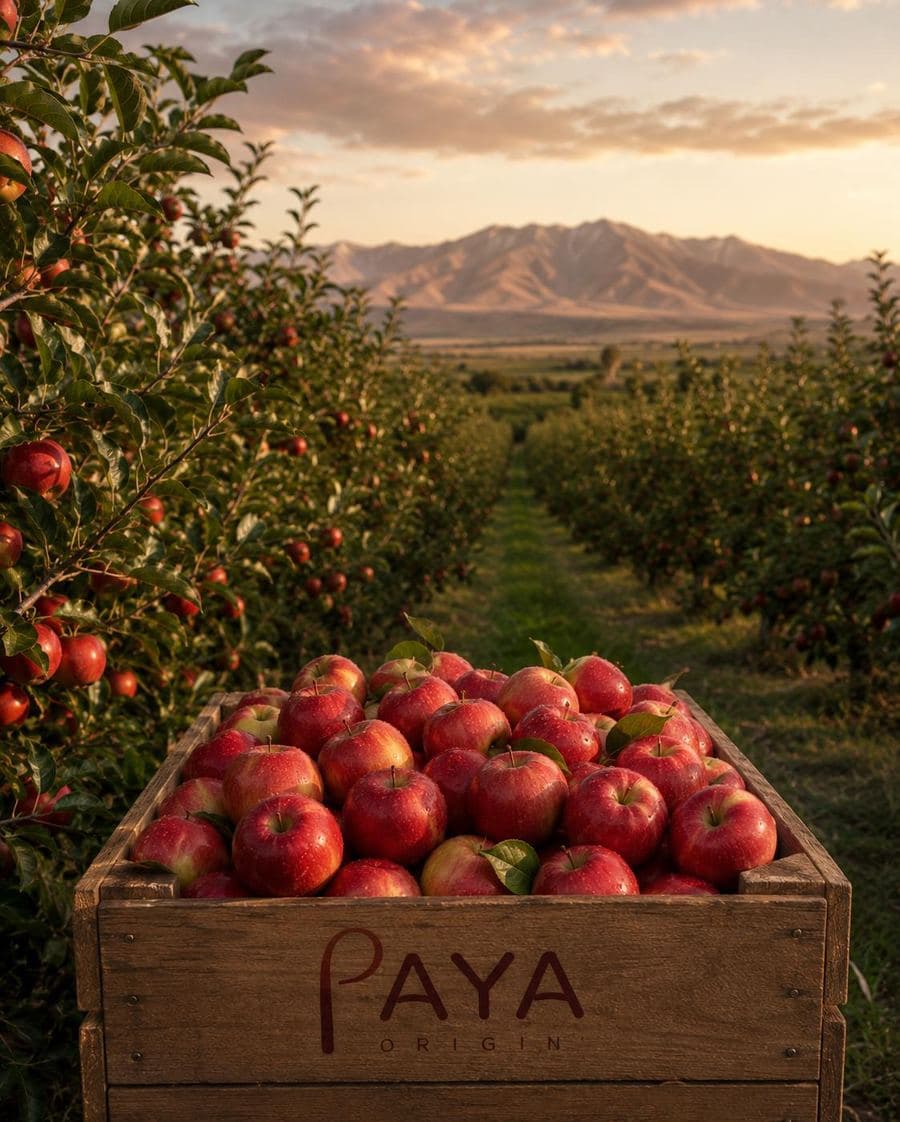 A crate of freshly harvested apples branded with the PAYA ORIGIN logo, in an orchard at sunset