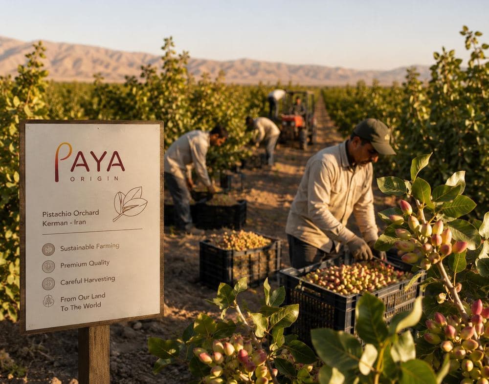 A PAYA ORIGIN sign at a pistachio orchard in Kerman, Iran, with workers harvesting