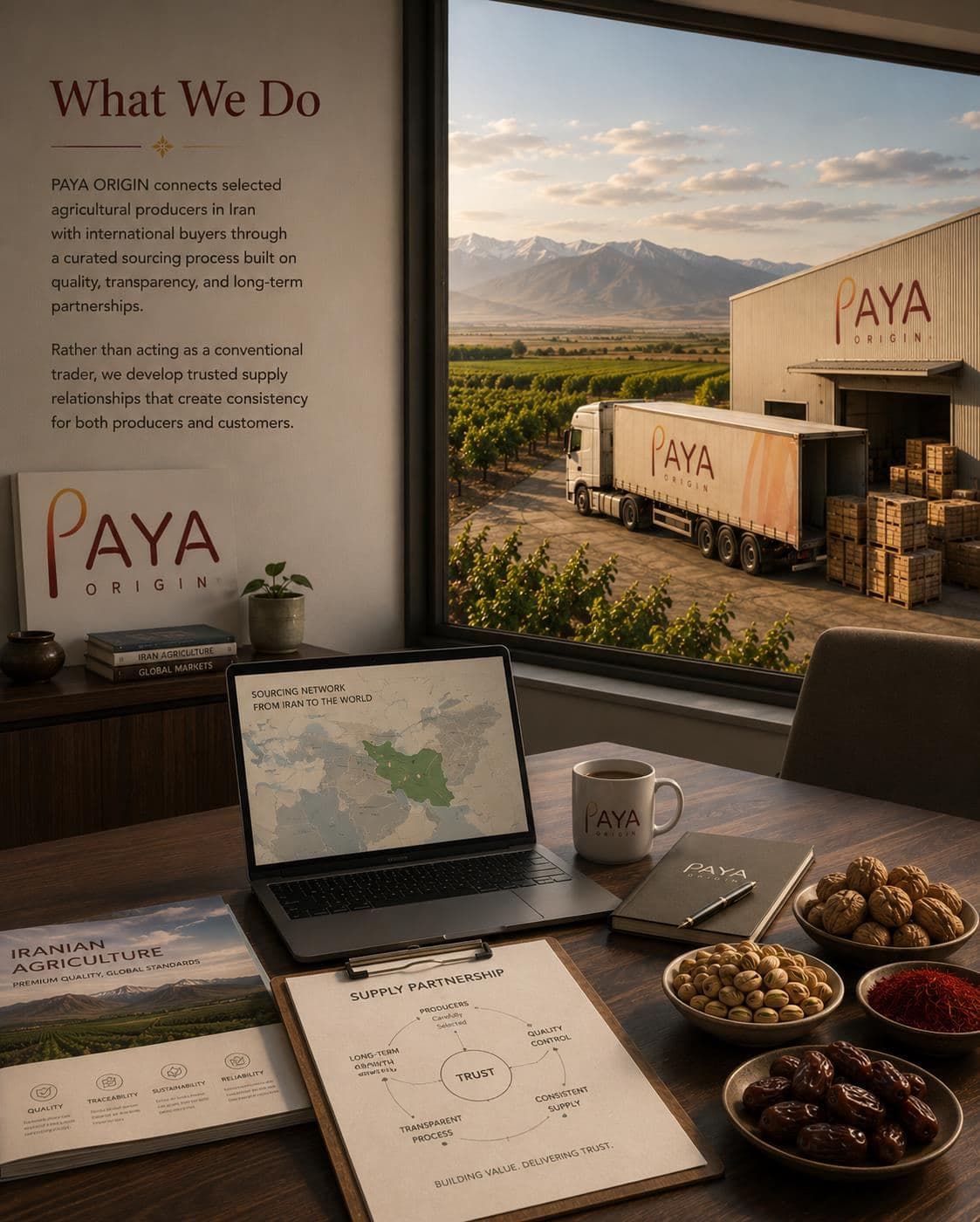 A PAYA ORIGIN office desk with a sourcing network map, samples of nuts, saffron and dates, and a branded truck visible outside