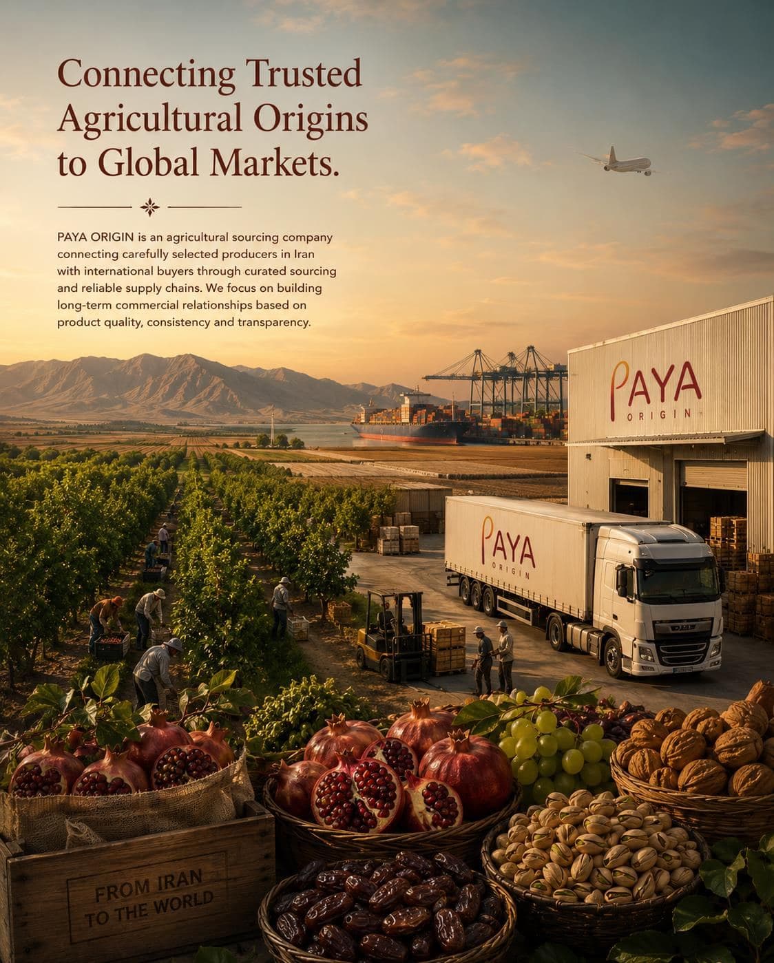 PAYA ORIGIN export operations: orchards, packaging, and a branded truck and warehouse in Iran